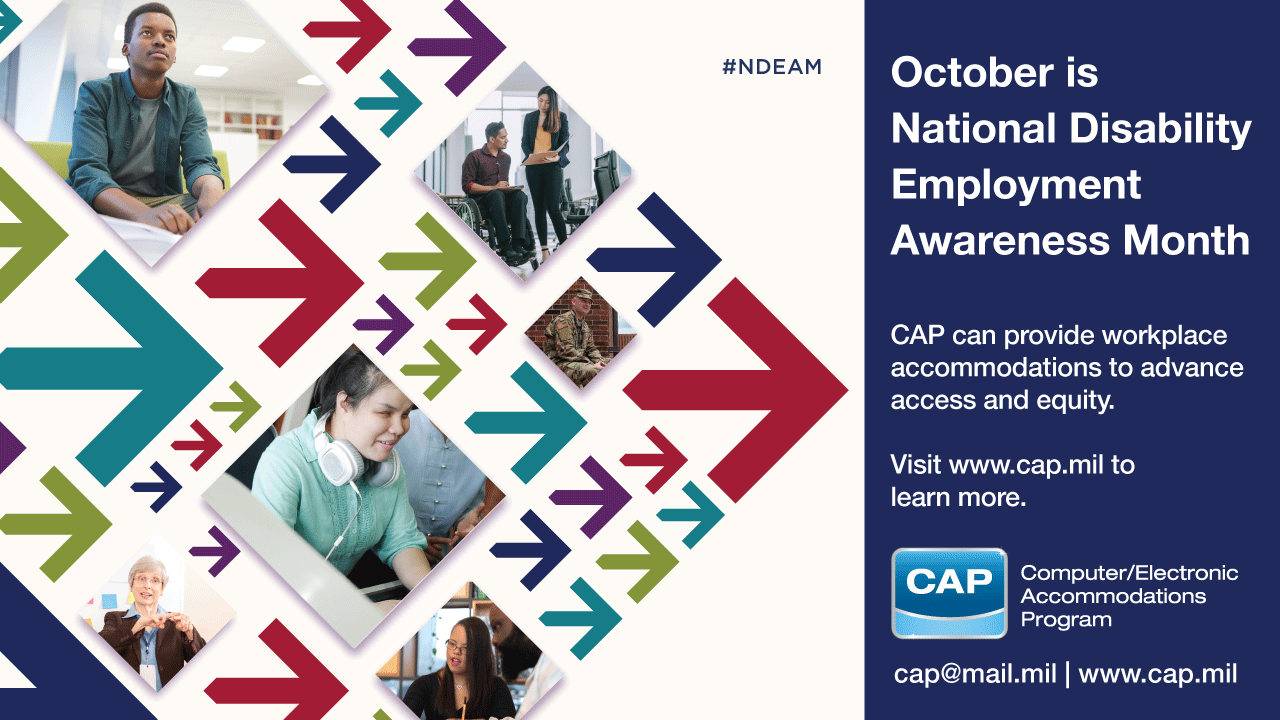 The image has #NDEAM with colorful errors around a diverse image of people. It reads on the side "October is National Disability Employment Awareness Month"